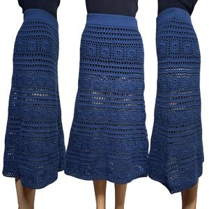 Staud Marlin Crochet Midi Skirt Size XS Navy Blue Unlined Elastic Waistband